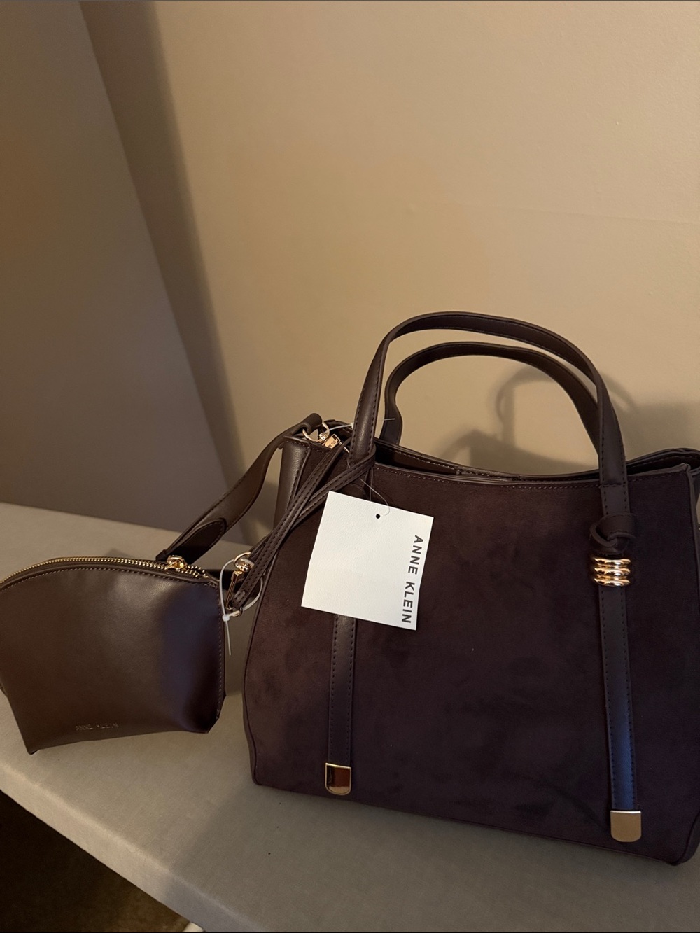 Anne Klein Dark Brown Suede Satchel with Matching Pouch